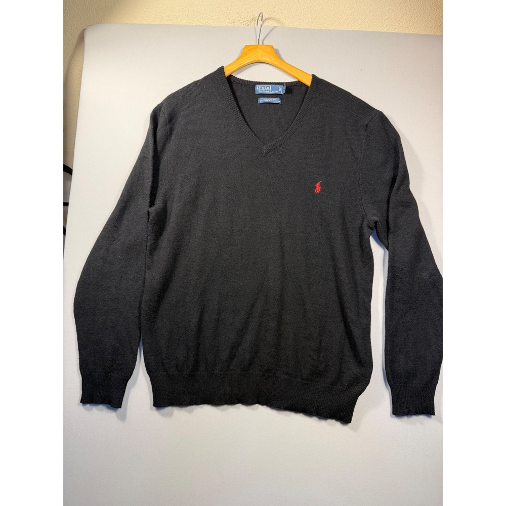 Polo Ralph Lauren Mens XXL Black 100% Lambswool V-Neck Sweater Red Pony Logo
